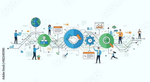 Flat vector Business outsourcing workflow with abstract lines and global 