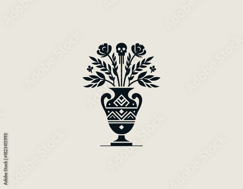 Stylized black and white vector graphic of a patterned vase holding a striking bouquet of leafy plants creatively topped with decorative skull flowers. Mexican Dia de Muertos concept