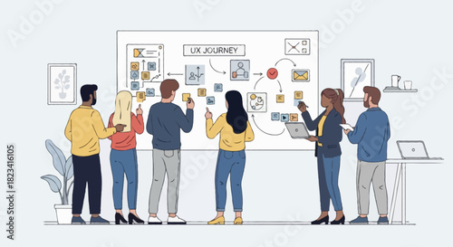 Flat vector Creative team mapping user journey on large UX board