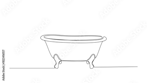 A minimalist single line art illustration of a vintage bathtub, drawn with a continuous line, showcasing elegant simplicity