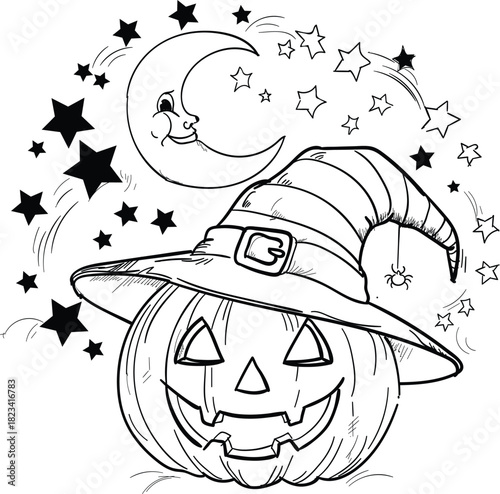 Vector art of halloween pumpkin with witch hat, moon, and stars, isolated on