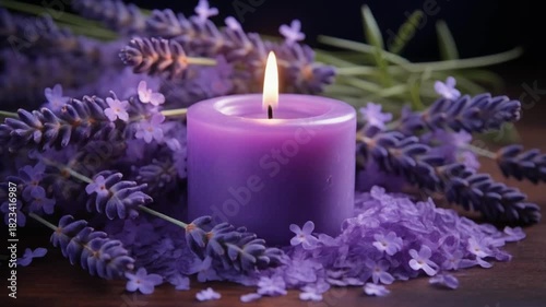 Lavender-inspired still life scene with a purple candle centerpiece, surrounded by violet blossoms and greenery