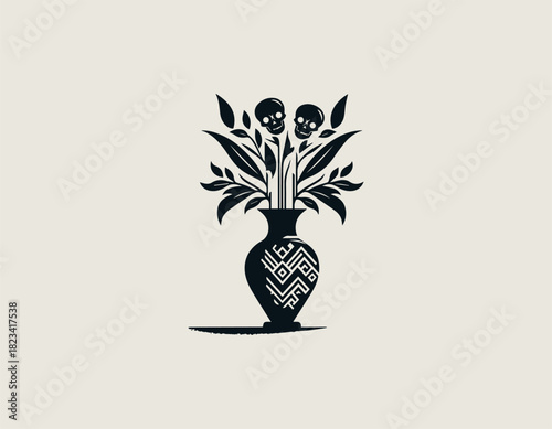 Stylized black and white vector graphic of a patterned vase holding a striking bouquet of leafy plants creatively topped with decorative skull flowers. Mexican Dia de Muertos concept