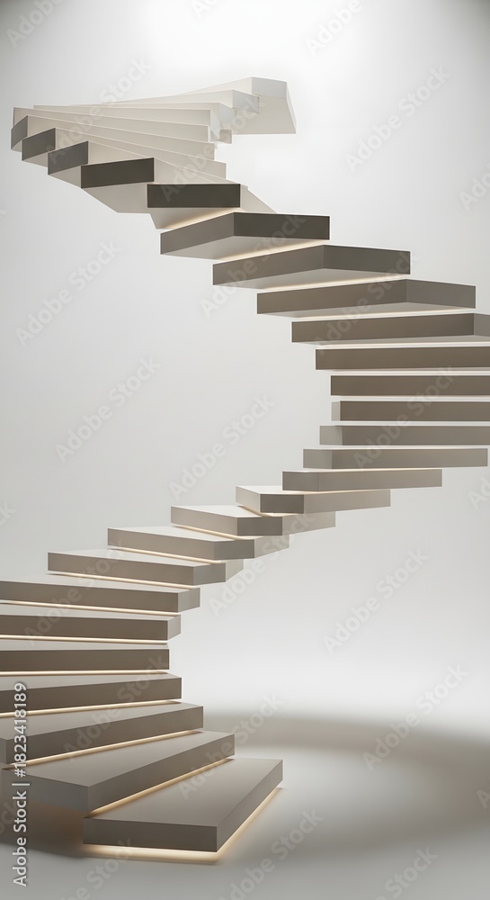 Obraz premium A modern, minimalist spiral staircase with floating wooden steps ascends against a bright white background, illuminated from below.