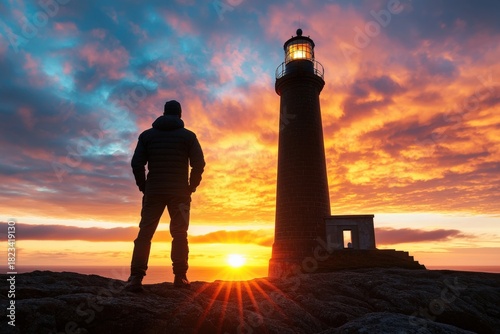 A lighthouse keeper checking equipment at sunset, solitude and responsibility, scenic view
