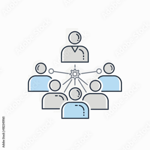Conceptual illustration of a business leader or manager overseeing a collaborative team, symbolizing effective organizational structure, teamwork, and employee engagement and unified strategy