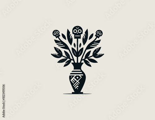 Stylized black and white vector graphic of a patterned vase holding a striking bouquet of leafy plants creatively topped with decorative skull flowers. Mexican Dia de Muertos concept