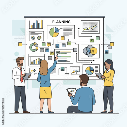 Team's strategic planning session, brainstorming ideas with charts and diagrams on a presentation board