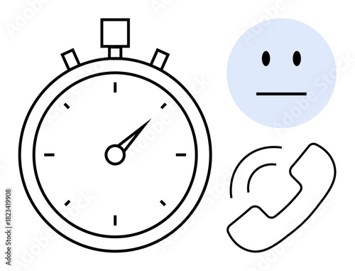 Stopwatch, expressionless face, and ringing phone receiver highlight time tracking, multitasking, prioritization, efficiency, communication, stress management, and focus in simple flat metaphor
