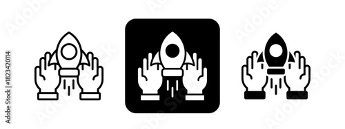 Startup Support  Solid color and black line drawing vector illustration set