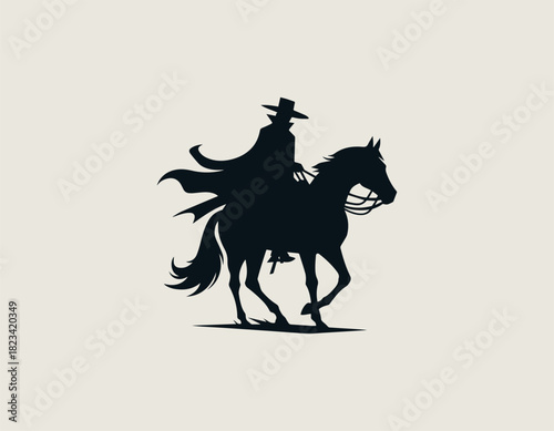 Dramatic black vector silhouette of a mysterious caped rider on a powerful horse, wearing a wide-brimmed hat, set against a subtle circular light element