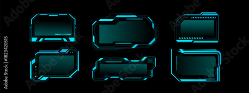 Frame tech UI elements with glowing HUD interface design. Cyberpunk game screen with digital border frames and holographic tech elements. Futuristic UI control panel with neon elements and text boxes
