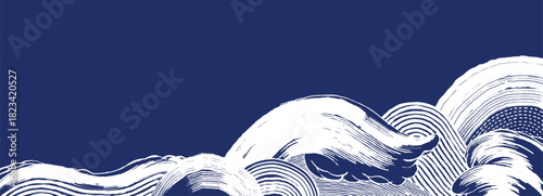 Hand drawn brush line panorama stylized white waves with varied line textures background, Japanese and ethnic folk handcrafted, woodcut, block print graphic for design with copy space. 