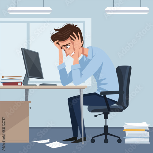 Cartoon stressed office worker , Anxious man work online on computer vector illustration
