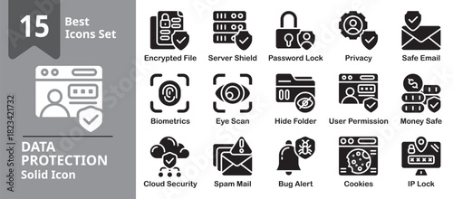 Data Protection Icon set. Including data, protection, security, privacy, shield and more. Solid vector icons collection.