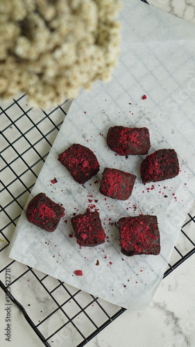 selective focus red velvet brownies on cooling rack