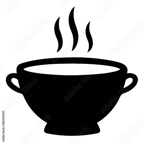 A black and white drawing of a bowl with handles and steam rising from the contents inside it