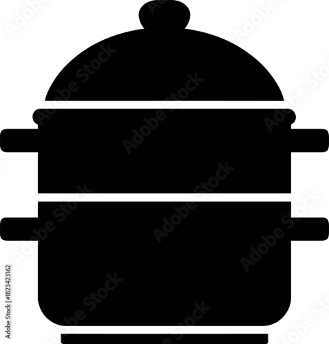 A black and white silhouette of a two tier steamer pot with a lid on a white isolated background