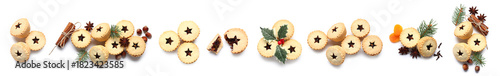 Foto Set of tasty Christmas mince pies on white background