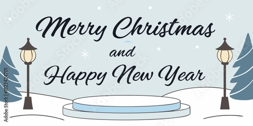 A minimalist, wide banner illustration for 'Merry Christmas and Happy New Year'. The scene features a pristine snowy landscape with soft white hills and snow-covered pine trees. In the foreground