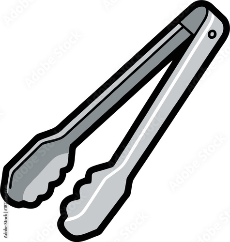 Metal kitchen tongs for cooking and serving food.