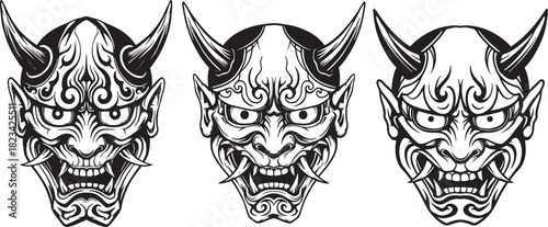 Collection of three Japanese Oni mask tribal art illustrations showcasing traditional folklore and mythical creatures