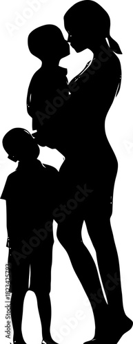 Silhouette depicting a loving mother embracing her two young sons tenderly