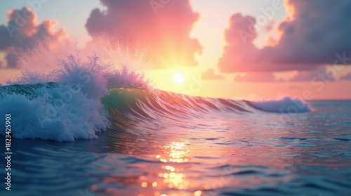 Fototapeta Naklejka Na Ścianę i Meble -  Golden sunset over crashing ocean wave with colorful clouds