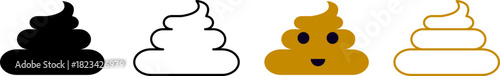 Four stylized poop emoji icons in different colors and styles