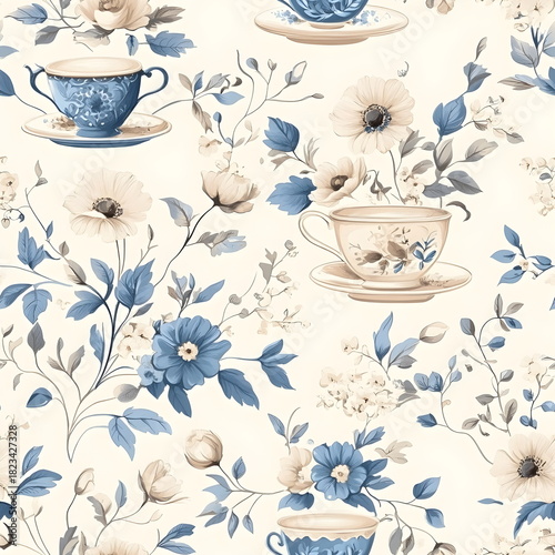 A seamless English floral pattern featuring delicate teacup motifs, fine flowers and leaves on an ivory background, highlighted with soft blue and beige accents, creating a refined, gentle, and timele