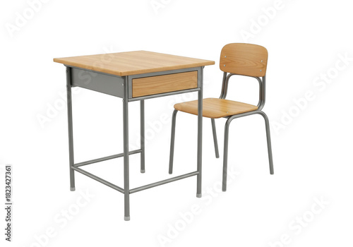 A simple wooden school desk with a metal frame and a matching chair, isolated on transparent background