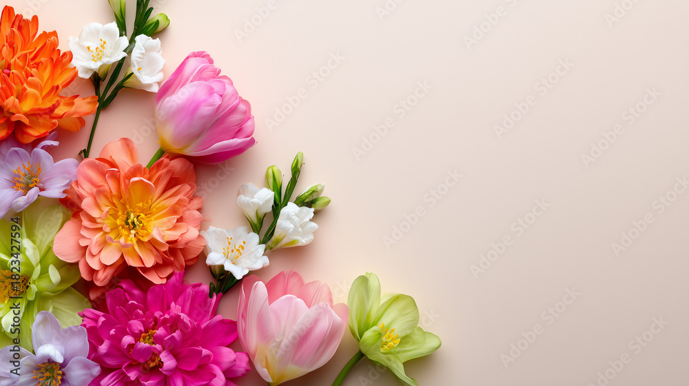 Fototapeta premium Light Pastel Background with Delicate Spring Flowers at Edges