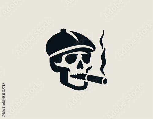 black vector graphic of a stylish human skull wearing a traditional flat cap and exhaling smoke from a thick cigar firmly held between its bony teeth