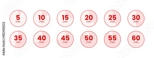 Red Progress Countdown Timer Icon Set 5, 10, 15, 20, 25, 30, 35, 40, 45, 50, 55, 60 Minutes for Mobile App, Deadline, and Time Management
