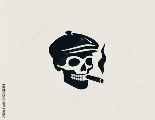 black vector graphic of a stylish human skull wearing a traditional flat cap and exhaling smoke from a thick cigar firmly held between its bony teeth