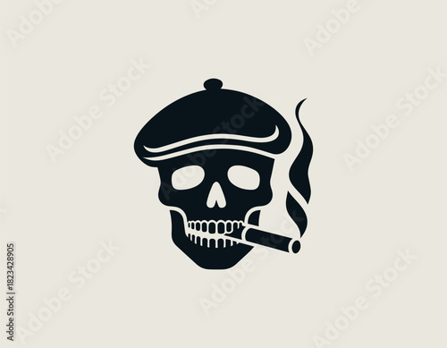 black vector graphic of a stylish human skull wearing a traditional flat cap and exhaling smoke from a thick cigar firmly held between its bony teeth