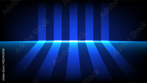 Vertical blue light columns casting long shadows across a digital surface, creating a modern sci fi atmosphere