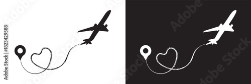 Airplane Route Forming  Travel Icon. Minimalist airplane graphic showing a  flight path and location pin, symbolizing love travel, romantic trips, and destination journeys.

