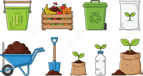 Set of Gardening and Composting Vector Icons, Featuring Wheelbarrow, Shovel, Organic Waste, Seedlings in Soil, Recycling Bin, and Fertilizer Bags for Eco-Friendly Farming.