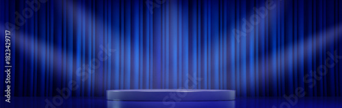 Award winning blue podium design with spotlights and dramatic curtain background staging. 3D luxury dark platform with light effects. Stage setup for ceremony presentations and winner showcases.