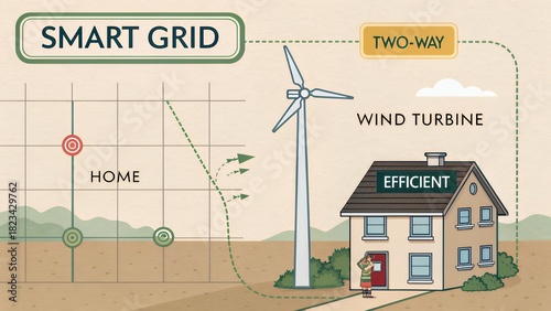 Smart grid diagram illustrating two way energy flow from wind turbine to home
