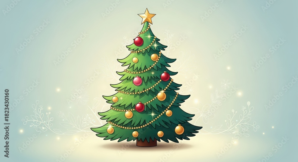Obraz premium Whimsical Christmas Tree Illustration with Festive Decorations and Golden Star on a Light Background