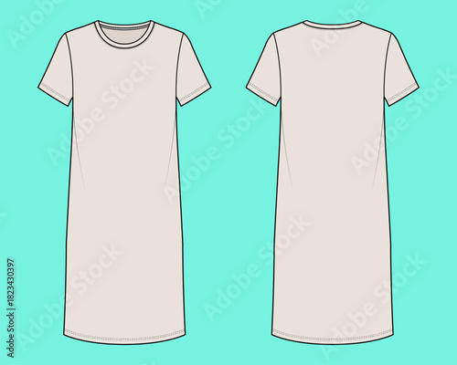 Women's Knee-Length Short Sleeve T-Shirt Dress Flat Sketch Technical Drawing Template