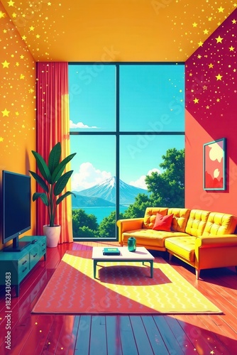 Vibrant Living Room with Sectional Sofa, Large Window, and Starry Ceiling Accent