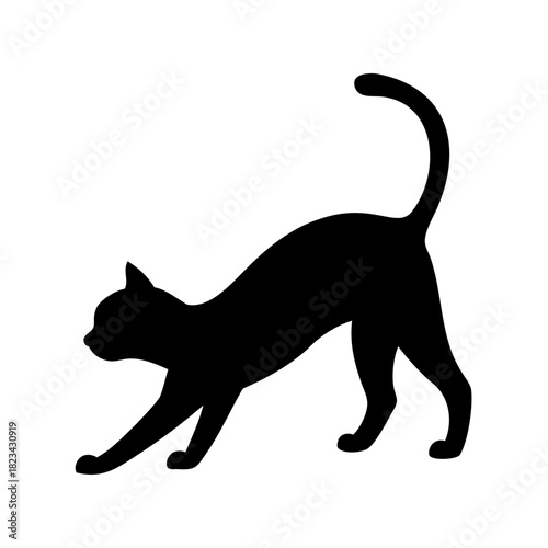 Black cat silhouette stretching on a white background, elegant and minimalist