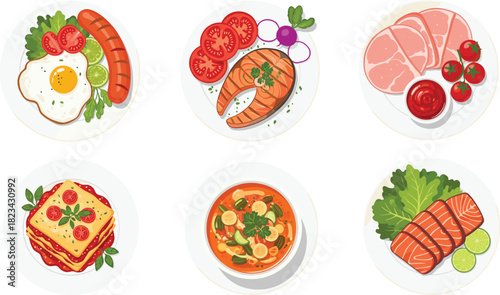 Set of Delicious Main Courses and Meals Top View Vector Illustrations, Including Steak, Salmon, Fried Egg, Sausage, Lasagna, and Soup for Restaurant Menu Design.