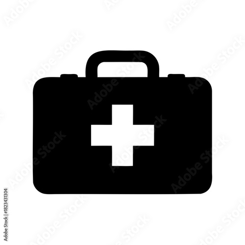 Medical First Aid Kit with Handle Black Silhouette Symbol Illustration