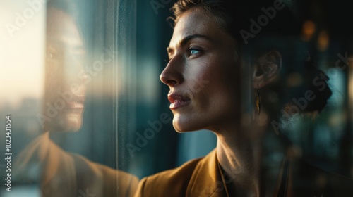 Reflective Young Woman Looking Out Window with Soft Lighting Warm Tones Calm Mood Contemporary Style
