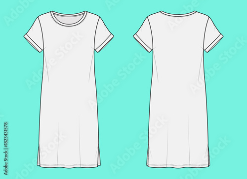 Women's Longline Maxi T-Shirt Dress with Side Slits Apparel Flat Drawing CAD Mockup.