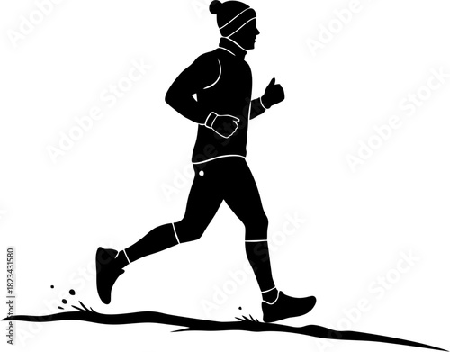 Black silhouette illustration of a person running actively in winter, wearing a beanie and warm sportswear, representing cold-weather fitness, endurance, and a healthy outdoor lifestyle